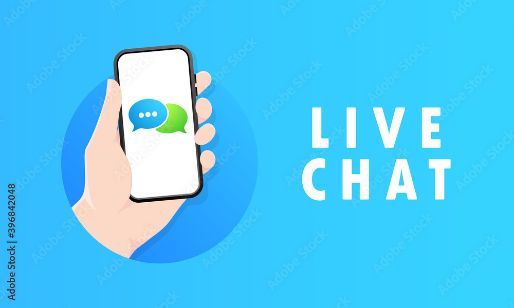 Aufkleber hand holds a mobile phone on the screen icon. live chat. notification on the smartphone screen of a 