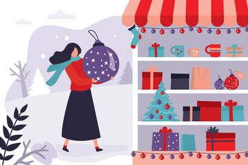 Shop window with Christmas decorations and gift boxes. Female character holding a big christmas tree toy. Concept of winter discounts and season sales