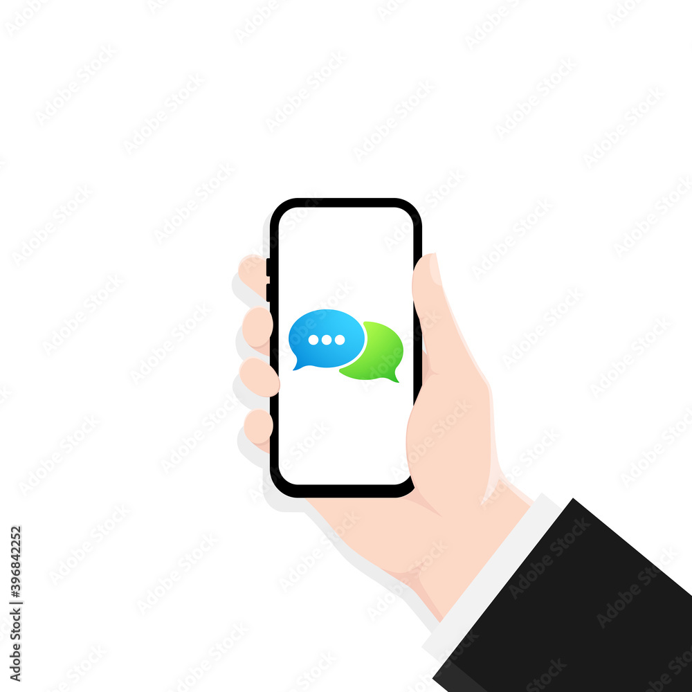 Poster hand holds a mobile phone on the screen icon. notification on the smartphone screen of a new message