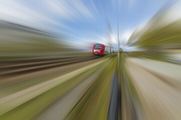 Plakat Beautiful view of speed train on blurred landscape. Beautiful backgrounds. 