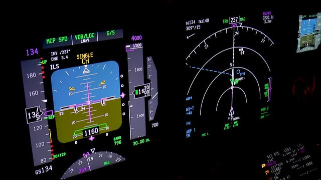 Aircraft flight instruments at night, actual aerial footage.
Flight instruments panel of a modern passenger airplane flying at night. Actual cockpit footage. Aircraft is on its final approach.