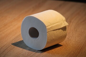 Rolls of toilet paper on a wooden underground. A hamster purchases concept during COVID-19