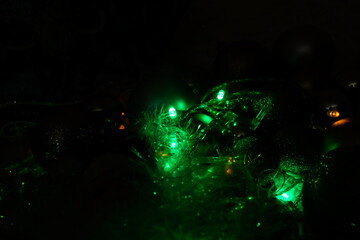 christmas background with bubbles, colorful christmas lights, christmas decorations