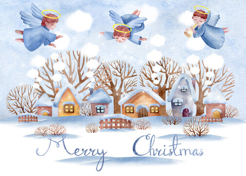 Christmas postcard. Watercolor Christmas illustration angel, snow, house, sky,  Christmas. template for postcard, poster, picture.