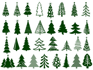 Christmas tree set. Bundle of various Christmas trees isolated on a white background