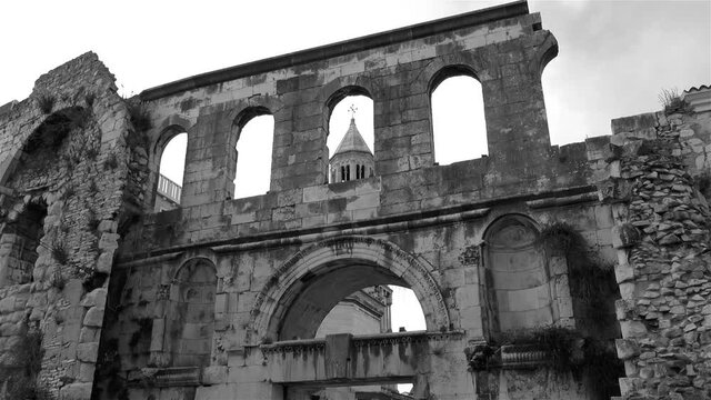 Silver Gate, Roman Diocletian's Palace in Split, Croatia.
Silver gate, Roman Diocletian's Palace and Saint Domnius Cathedral Bell Tower, a historical landmark in Split, Croatia.