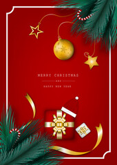 Christmas banner. Background Xmas design  with realistic gifts box and Christmas ball, candy, red hat, red  Horizontal Christmas poster, greeting cards, headers, website