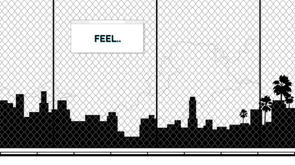 Black and white city landscape through wire fance and cloud flat manga style illustration background with vintage OS style frame border for texts