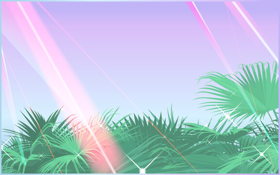 Tropical palm bush and glow light effects overlay, dreamy summer tropic illustration, retro vintage techno background design 