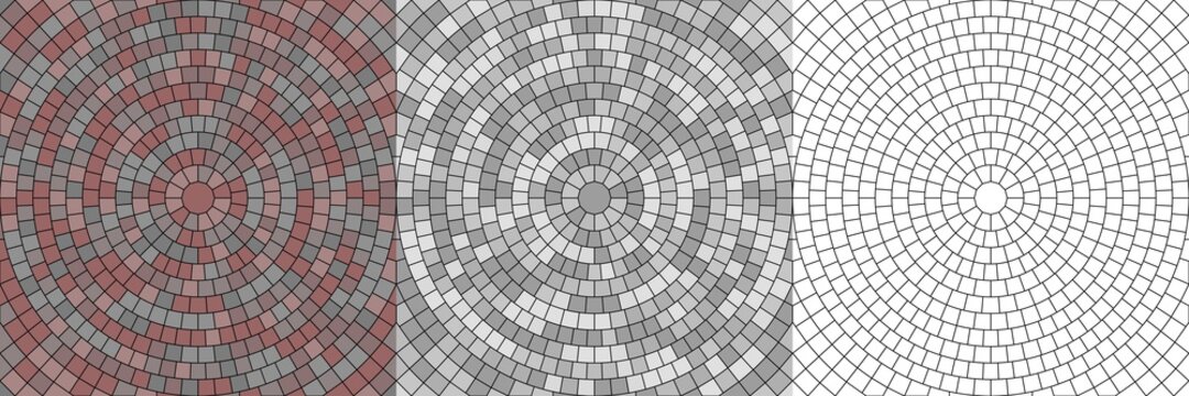 Vector set of seamless round pavement textures with street tiles. Circle repeating patterns of radial cobble stone material background