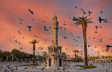 Travel concept photo; Turkey / Izmir / Konak / Historical Old Clock Tower / Konak Square - obrazy, fototapety, plakaty