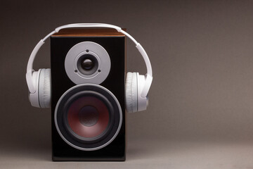 Wireless headphone on speaker isolate on grey