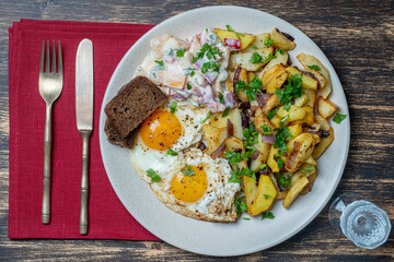 Ukrainian food, fried potatoes with onions, eggs, vegetable salad, black bread and glass of vodka on wooden background