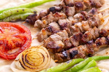 Traditional delicious Turkish foods; skewers cop sis