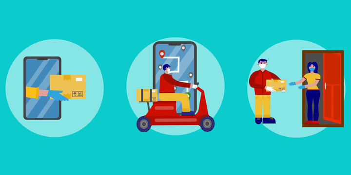 All stages of safe delivery online ordering, courier in protective mask and gloves on a scooter on the road, courier gives the package to the customer. Stay at home concept. Flat illustration