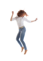 Teenage long hair girl jumping on white background.