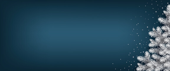 White Christmas Tree on blue background with snowflakes. Merry Christmas and Happy Holiday Banner