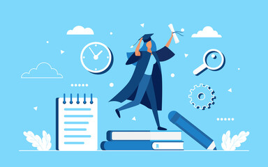 Graduate celebration concept vector illustration. Cartoon happy woman student character jumping with diploma in hand, celebrating success end of training school education and graduation background