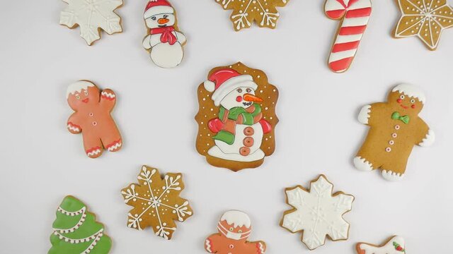 Assorted Decorated Christmas Gingerbread Cookies on White Background