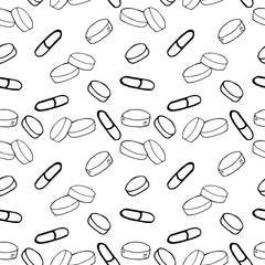 pills and capsules seamless pattern background, wallpaper, paper. sketch hand drawn doodle. vector monochrome minimalism. medicine, health, treatment, vitamins, drugs.