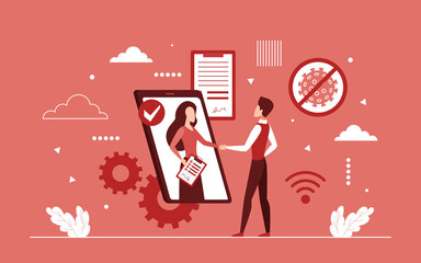 Business partnership handshake vector illustration. Cartoon office workers partners talk through phone screen, shake hands, using video call app for online communication, business meeting background