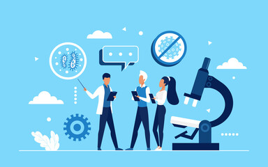 Coronavirus science research vector illustration. Cartoon doctor scientist researcher characters discover and analyze corona virus, tiny people researching vaccine in laboratory concept background