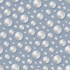 Seamless pattern with white realistic sea pearls on gray blue background. 3D shiny balls and shadow. Vector illustration for jewelry, gem, wedding, beauty design, fabric, wrapping, wallpaper print.
