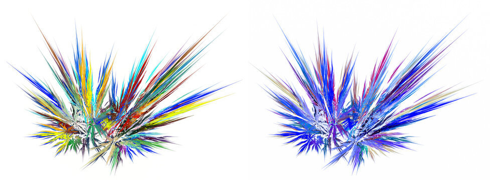 Set of colorful fireworks isolated on a white background. Multi-colored flashes scatter in different directions. Graphic design elements set. 3d rendering. 3d illustration.
