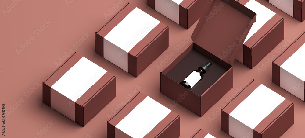 Poster mock-up template for cosmetic branding identity. cosmetic bottle and blank red cardboard box on red 
