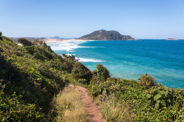 view of the coast of the sea in Sunny day at the tropical beach in southern Brazil, Florianópolis island, Santinho beach, Florianopolis, Santa Catarina