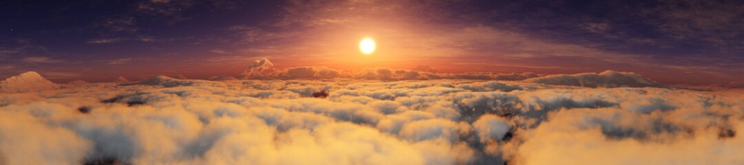 Clouds from a height of flight, Sunrise above the clouds, view from low orbit above the clouds, 3D rendering