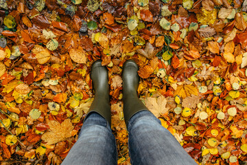 Foots Of Female Gardener.Rubber boots on fall background.Garden with autumn leaves. Woman in rain...