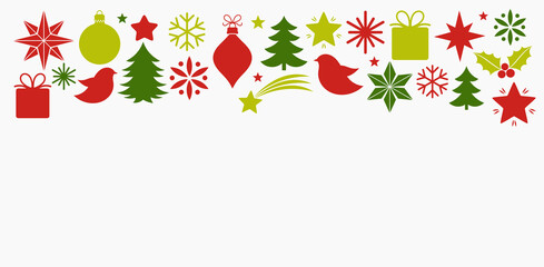 Christmas flat design red and green icons elements border background.