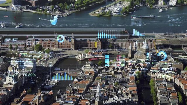 Aerial view of Downtown Amsterdam with financial charts and data. Futuristic city skyline. Big data, Artificial intelligence, Internet of things, VR. Stock exchange figures. Netherlands. 