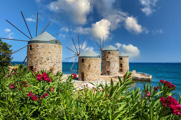 Greece island; Chios island historical windmill. Travel concept photo. - obrazy, fototapety, plakaty