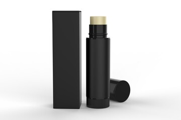 Multifunctional Empty Lip Balm Container Tubes with Twist Bottom and Top Cap and paper box. 3d render illustration.
