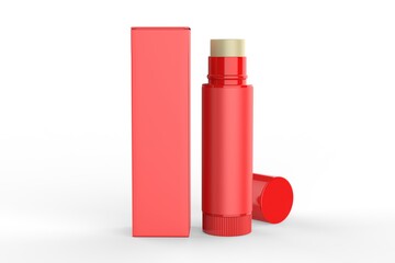 Multifunctional Empty Lip Balm Container Tubes with Twist Bottom and Top Cap and paper box. 3d render illustration.
