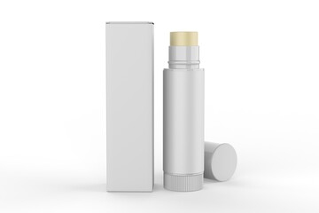 Multifunctional Empty Lip Balm Container Tubes with Twist Bottom and Top Cap and paper box. 3d render illustration.