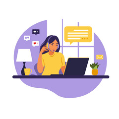 Operator girl with computer, headphones and microphone. Outsource, consulting, job online, remove job. Call center. Flat vector illustration on white background.