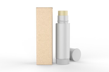 Multifunctional Empty Lip Balm Container Tubes with Twist Bottom and Top Cap and paper box. 3d render illustration.