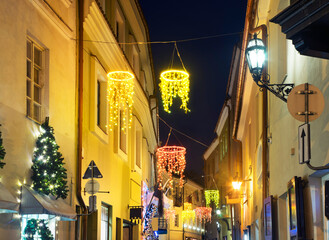 Holiday decorations of Stikliu street in Vilnius. Lithuania