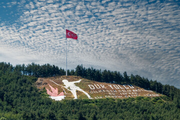 Canakkale / Turkey - May 26, 2019 / Dur Yolcu (Traveller halt, The soil you tread, Once witnessed the end of an era) memorial aerial view in Canakkale, Turkey