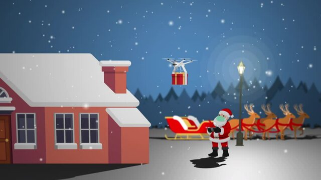 COVID-19 infographic of cute Christmas character, Santa Claus wear surgical mask controlling the drone to send a present gift for children and keep social physical distance. Corona virus protection.