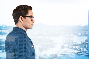 Young handsome businessman in suit and glasses dreaming about new career opportunities after MBA graduation. Singapore on background. Double exposure.