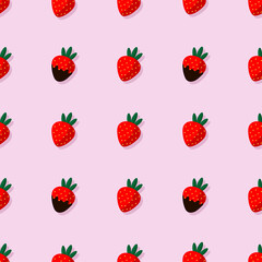Seamless pattern with chocolate-covered strawberries on a pink background. Sweet strawberries for Valentine's Day. Trending pattern for wrapping paper, templates, backgrounds, banners, postcards, web