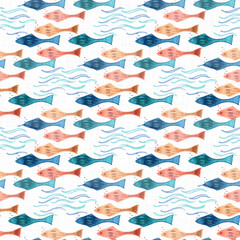 Azure indigo blue dye fish texture background. Seamless white linen textile effect. Distressed coastal farmhouse style pattern. Nautical marine  water animal. Beach soft furnishing repeat swatch.