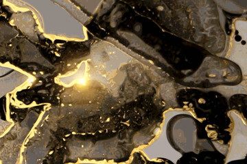 Black, yelllow and gold stone marble texture. Alcohol ink technique abstract vector background. Modern luxury paint in natural colors. Template for banner, poster design. Fluid art painting