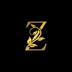 Golden Vintage Letter Z Nature Floral Leaves logo icon.