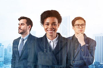 Front view of three successful business consultants standing in a row in suits and ready to tackle with customer problem. Kuala Lumpur cityscape. KL skyscrapers. Double exposure.