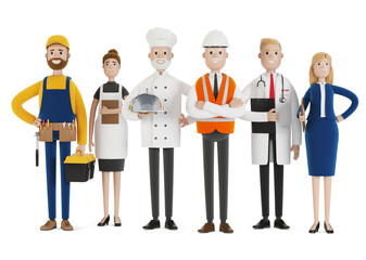 People of different professions. Builder, female waiter, cook, engineer, doctor and teacher. Labor Day. 3D illustration in cartoon style.